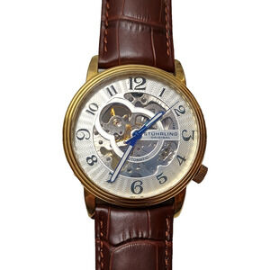 Stuhrling Delphi Oracle 107BG Automatic 44mm Skeleton Watch Gold toned Leather